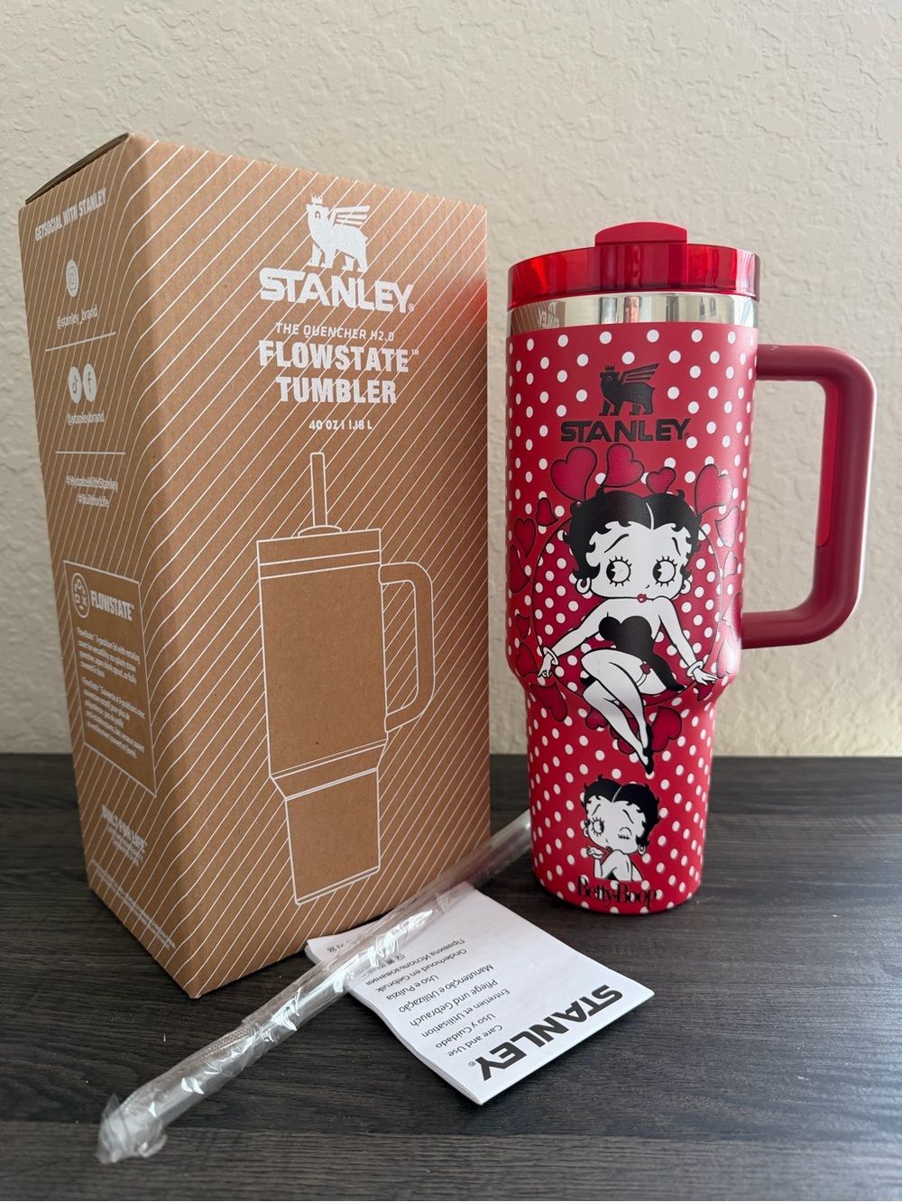 40 oz Betty Style Red Hearts Character Tumbler with Handle & Straw